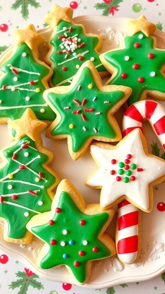 A variety of uniquely decorated Christmas cookies on a festive plate.